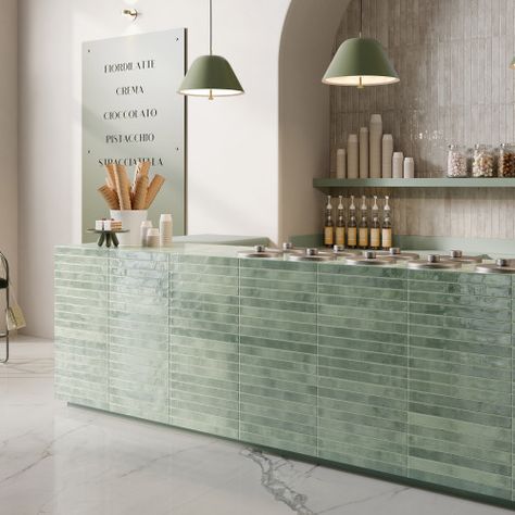 Matcha Bars, Bedrosians Tile, Green Cafe, Café Design, Gray Porcelain Tile, Calacatta Gold, Grey Tiles, Cafe Interior Design, Green Tile