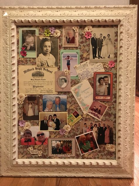 Memorial Board- I created this memorial board in honor of my mother-in-law for her funeral. Simply used s framed bulletin board and covered the cork with fabric. I used straight pins with a pearl head to hold the pictures and other objects in place.   I started with the earliest pictures and worked my way through the years as I progressed down the board. I added items such as her diploma, post cards and greeting cards that fit with the pictures. I added some flower embellishments that I secured Memory Boards For Funerals Ideas, Funeral Board Ideas, Memory Boards For Funerals, Memorial Board, Framed Bulletin Board, Frosch Illustration, Memory Boards, Shadow Box Memory, Memory Collage