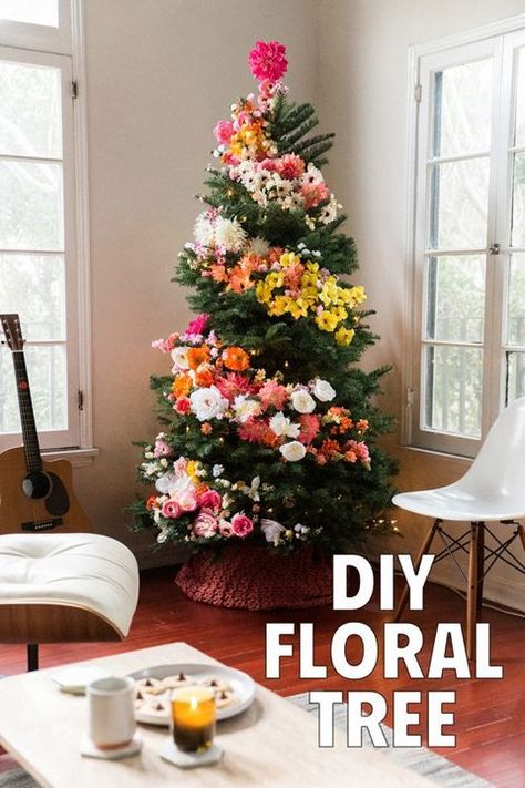 Flower Power Tree. Wire faux blooms in your favorite color palette onto tree branches to create this happy garland look. Christmas Tree With Flowers, Tree With Flowers, Floral Christmas Tree, Hawaiian Christmas, Floral Christmas, Tropical Christmas, Spring Tree, Cool Christmas Trees, Christmas Tree With Gifts