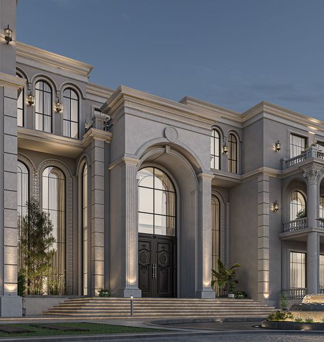 Neo Classic Exterior Design, Neo Classic Villa Exterior, Modern Neoclassical Architecture, Neo Classic Villa, Classic Villa Exterior, New Classic Villa, Classic Elevation, Classical Villa, Classical Facade