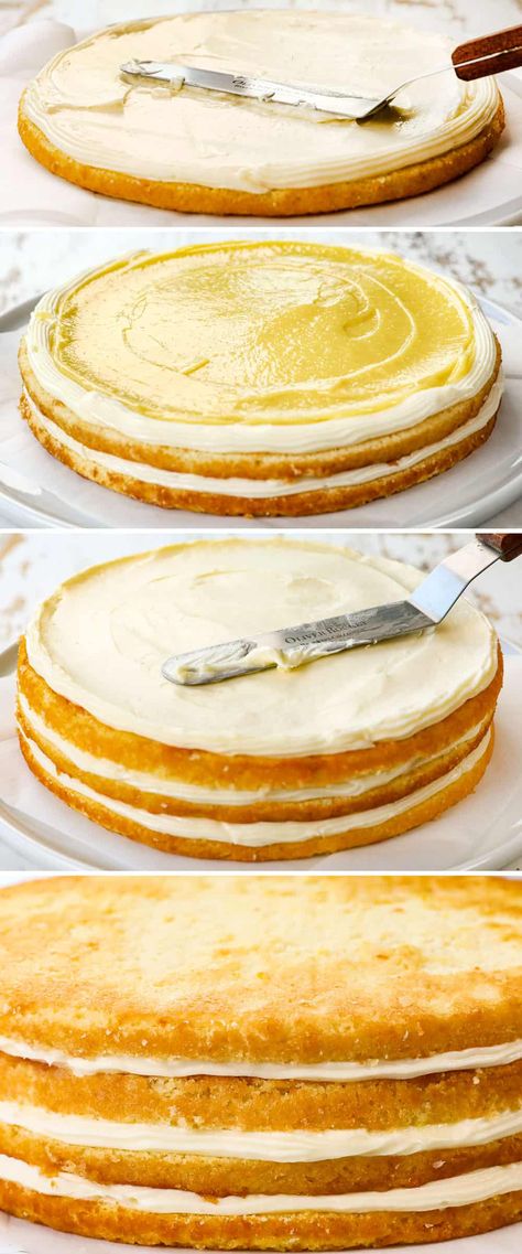 Lemon Cake with Lemon Curd and Lemon Cream Cheese Frosting! White Cake Lemon Filling, Lemon Curd Cake Filling, Lemon Filled Cake, Lemon Cake With Cream Cheese Frosting, Cream Cheese Layer Cake, Lemon Cake Frosting, Lemon Creme Cake, Lemon Cake With Lemon Curd, Lemon Cream Cheese Icing