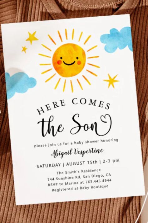 Sunshine Baby Shower Here Comes the Son Invitation
Cute baby shower invitation card featuring watercolor illustration of a smiling sunshine with stars and clouds. The text says "Here comes the son" #babyshower #babyshowersgifts #babyshowercards #babyshowerparty #newborn #sunshine Sunshine Baby Shower Invitations, Here Comes The Son, Sunshine Baby Shower, Sunshine Baby Showers, Gender Neutral Baby Shower Invitations, Boho Baby Shower Invitations, Baby Shower Card, Baby Shower Invitaciones, Retro Typography