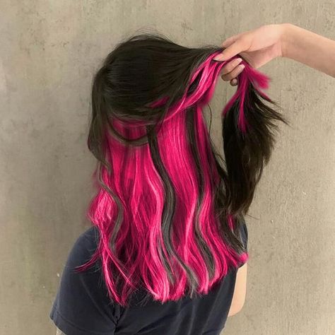 Peekaboo Hair Color With Brown Hair, Hair Color Ideas Straight Hair Brunettes, Under Part Of Hair Dyed Pink, Pink Hair With Black Underneath, Pink Underdye Hair Black, Peekaboo Hair Color Brunettes Pink, Black With Color Underneath Hair, Pic A Boo Hair Color, Brunette With Vivid Color