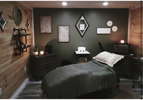 Black Wall Spa Room, Black Massage Room, Spa Room Colors, Dark Green Esthetician Room, Blue Esthetician Room, Boho Massage Room, Dark Esthetician Room, Small Facial Room Ideas, Esthetician Rooms