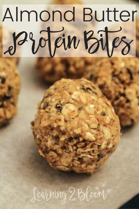 Try this amazing snack that your family will love. It's healthy and so good with oatmeal, almond butter, chocolate chips, coconut and packed with protein Almond Butter Recipes, Protein Balls Recipes, Healthy Protein Snacks, Quick Healthy Snacks, Protein Bites, Protein Balls, Protein Cookies, Protein Ball, Nut Butters