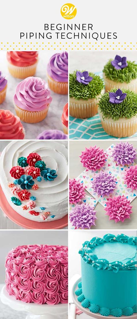 Whether you’re new to cake decorating or just want to brush up on your piping skills, these 9 beginner piping techniques are all you need to get started. From classic cupcake swirls to piping buttercream flowers and borders, these simple cake piping techniques are sure to have you enticed to ice! #wiltoncakes #cakedecorating #pipingtechniques Simple Cake Decorating Easy Buttercream Frosting Piping Techniques, Iced Flowers On Cake, Easy Icing Flowers For Cake, Icing For Cupcakes Decorating, How To Ice Flowers On A Cake, Cake Frosting That Wont Melt, Piping A Cake, Cake Decorating Flowers Buttercream, Easy Piped Flowers On Cake