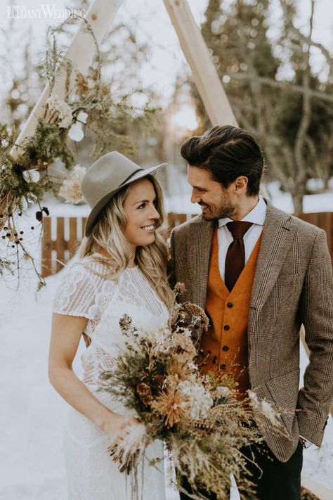 Triangle Wedding Arch, Boho Bride and Groom, Boho Bridal Inspiration, Boho Wedding Dress, Winter Wedding Ideas, Outdoor Winter Wedding | Natural Bohemian Winter Wedding in Quebec | ElegantWedding.ca Boho Mens Fashion Wedding, 60s Wedding Suit, Winter Wedding Suits Groom Attire, Bohemian Groom Attire, Winter Groom Attire, Bohemian Wedding Groom, Winter Wedding Groomsmen, Winter Wedding Suit, Wedding Outfits Ideas