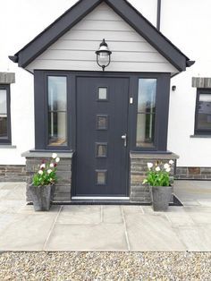 Anthracite Grey Front Door Porch, Light Grey Cladding, Porch Cladding Ideas, External House Cladding, Light Grey Cladding Exterior, Cladded Porch Entrance, Grey Porch Ideas, Front Porch Cladding, Front Door Cladding