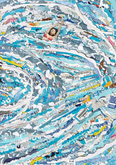 Original Art Paper Collage, measuring: 21.6W x 30.5H x 0.8D cm, by: Nina Papel (Spain). Styles: Pop Art, Modern, Expressionism, Abstract Expressionism, Dada. Subject: Water. Keywords: Sea, Paper, Blue, Swim, Seascape, Wave, Woman, Recycling, Relax, Summer, Collage. This Paper Collage is one of a kind and once sold will no longer be available to purchase. Buy art at Saatchi Art. Colour Collage Art, Recycled Art Collage, Marbled Paper Art, Wave Collage Art, Magazine Paper Art, Abstract Landscape Collage Mixed Media, Water Collage Art, Torn Paper Collage Landscape, Art About Aging