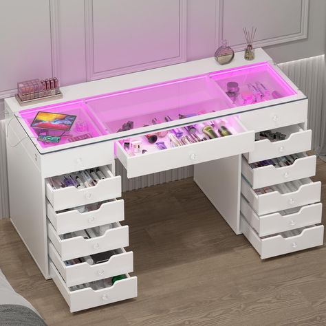 PRICES MAY VARY. RGB LIGHT BAR VANITY DESK - VANITII Global glass top vanity table features RGB light strips built into the drawer. Choose from a variety of colors, brightness levels, 7 static RGB color modes, set the lights to your music for a fun and immersive experience, create a relaxing and any vibe in your room. Additional 3 LED lights mode meets your daily needs. TEMPERED GLASS TABLETOP- The white vanity with glass top design allows the items in the drawers to be clearly displayed, provid Vanity With Glass Top, Glass Top Vanity, Modern Makeup Vanity, Luxury Room Bedroom, Large Vanity, Bedroom Dressing Table, Make Up Desk Vanity, Desk Dresser, Glam Room