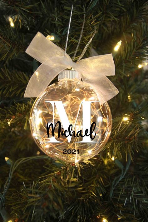 Personalized Lighted Christmas Ornament gift idea for family friends newlyweds parents and grandparents decor idea 2024 Ornaments, Customized Gift Ideas, Name Ornaments, Idee Cricut, Christmas Light Ornament, Cricut Christmas, Thoughtful Christmas Gifts, Letter Monogram, Christmas Trends