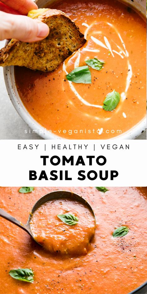 Homemade Tomato Basil Soup, Soup Quick, Tomato Basil Soup Recipe, Pudding Chia, Basil Recipes, Basil Soup, Creamy Tomato Soup, Tomato Basil Soup, Vegan Soup Recipes