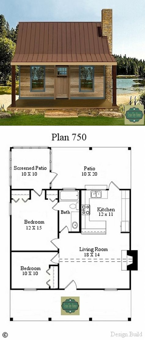 Texas Tiny Homes ~ 750 a/c sq. ft. Two  bedrooms; 1 bath; family room with fireplace; sleeping loft, optional. Interior finish – custom. 10′ X 30′ screened-in back porch, 8′ X 30′ covered front porch. Built on slab, or pier and beam.  Exterior facade – custom. **No washer & dryer space shown; guess you get to go to the laundromat.   . . .   ღTrish W ~ http://www.pinterest.com/trishw/  . . . .   #cottage #cabin Design Interior Modern, Tiny Cabins, Sleeping Loft, Cottage Plan, Tiny Cabin, Tiny House Cabin, Small Cabin, Cabin Plans, Cabins And Cottages