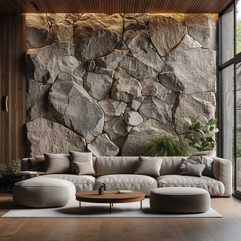 Stone Wall Design Living Room, Stone Wall Design Interior, Stone Decoration Ideas, Interior Rock Wall, Wall Stone Design, Faux Stone Wall Interior, Interior Stone Wall Ideas, Stone House Interior, Living Room Stone Wall