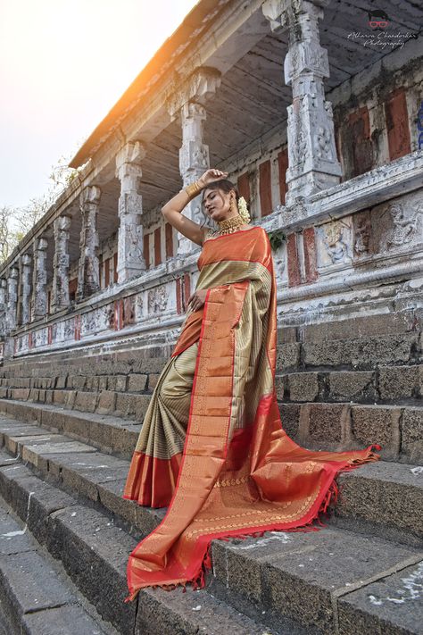 Kanjivaram Saree Photography on Behance Traditional Saree Photoshoot Poses In Temple, Saree Shoot Photography Outdoor, Saree Poses In Temple, Temple Saree Photoshoot, Temple Photoshoot Women, Aesthetic Saree Photography, Traditional Photoshoot Ideas, Bold Saree Photoshoot, Traditional Saree Photoshoot