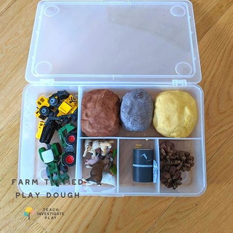 Farm themed play dough box! These IKEA GLIS boxes are just the BEST for homemade gifts.⁣ .⁣ As i've mentioned at least a zillion times before, play dough is super beneficial for developing pre-writing skills so it's something we make and play with all of Ikea Glis Box Ideas, Farm Playdough, Playdough Ideas, Dough Box, Toddlers And Preschoolers, Small World Play, Play Ideas, Pre Writing, Play Dough