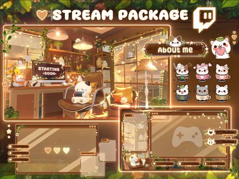 Lofi cat Stream Overlay Package , Twitch Overlays , Stream Overlay Package Cozy room cat , brown ♥︎(˶ᵔ ᵕ ᵔ︎ Exhibit your distinctive Twitch and Youtube gaming identity using these delightful animated displays. These animated screens inspired by anime will flawlessly complement your live stream setup. ♥︎ INSTANT DIGITAL DOWNLOAD FILE Contact me if you have any issues (please allow up to 1 hour to receive your files, sometimes Etsy can be slow.) ✦✦NOTE✦✦ Due to file limitations on Etsy, You will r Youtube Stream Overlay, Stream Package Design, Cozy Twitch Overlay, Cozy Stream Overlay, Stream Layout, Twitch Scenes, Stream Setup, Overlays Twitch, Twitch Stream Overlay