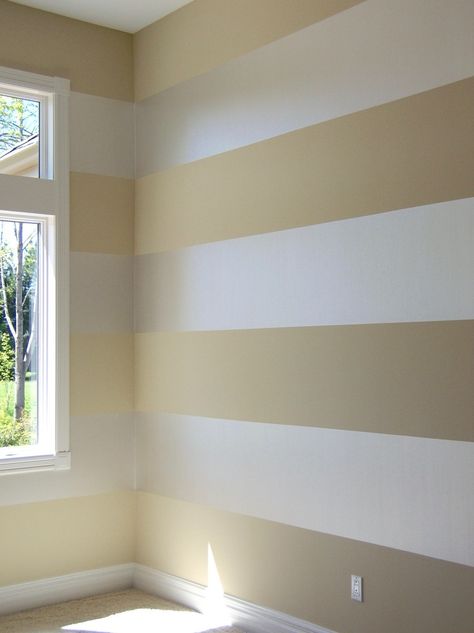 Painted Horizontal Stripes On Wall, Wall Paint Half And Half, How To Paint Stripes On A Wall, Horizontal Stripes On Wall, Striped Bedroom Walls, Stripes Wall Paint, Striped Walls Bedroom, Striped Walls Horizontal, Painting Horizontal Stripes