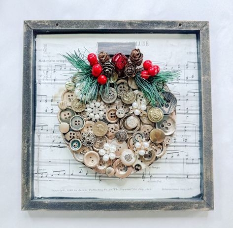 Button Christmas Ornament – Lizzy & Erin Button Shadow Box Ideas, Craft Using Buttons, Christmas Tree Ornaments With Buttons, Button Cone Christmas Tree, Button Art Flowers, Old Button Crafts, Button Wreath Craft, Button Christmas Ornaments Diy, Christmas Button Art Projects