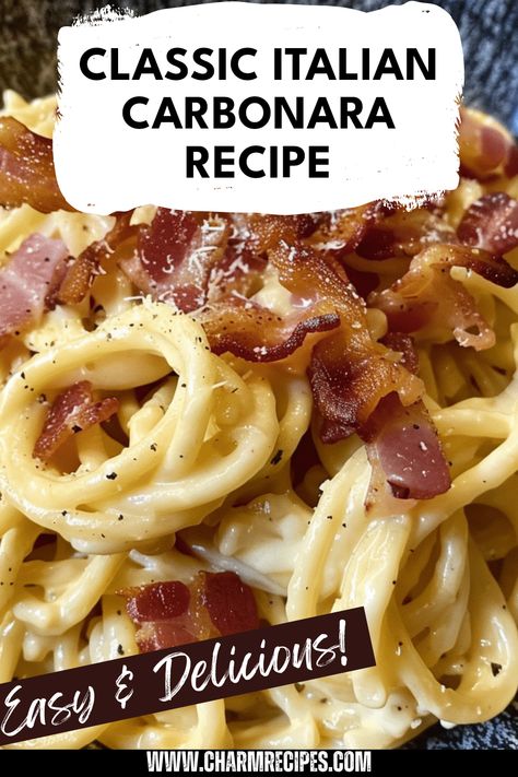 Discover the authentic taste of Classic Italian Carbonara featuring crispy bacon, perfectly cooked spaghetti, and a creamy sauce that ties it all together. This traditional pasta dish is quick to make, using just a handful of ingredients, like eggs and cheese, resulting in flavors that make it a comforting favorite. It's a fantastic choice for dinner parties or cozy nights in. Improve your cooking skills and impress family and friends with this easy recipe. Get ready for a delicious Italian meal that will become a staple in your kitchen! Spaghetti Bacon Recipes, Easy Bacon Carbonara Pasta, Pasta And Bacon Recipes Easy Dinners, Carbonara Pasta Bacon, Carbonara Recipe With Egg, Pasta Dishes With Bacon, Roman Carbonara Recipe, Real Italian Carbonara, Recipes For Pasta Dishes