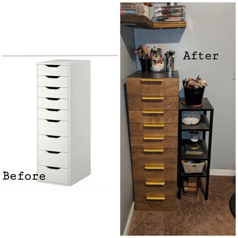 Wanted to give my Alex drawer unit a refresher after having for a few years. Love the way this turned out. Sanded it down and painted black , then cut some 1/2 inch plywood to the size of the drawers stained them and attached them , added some drawer pulls and voila! Painted Ikea Alex Drawers, Painted Alex Drawers, Alex Drawer Diy, Ikea Alex Makeover, Alex Drawer Makeover, Ikea Alex Drawers Hack, Alex Drawer Hack, Ikea Upcycling, Alex Drawers