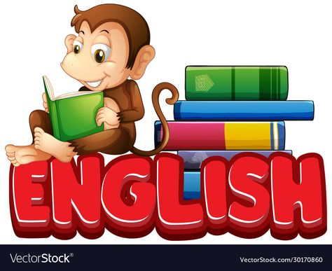 English Subject Design, Reading Book Illustration, Monkey Reading, English Stickers, English Label, Word English, Reading Books Illustration, تزيين دفاتر, English Logo