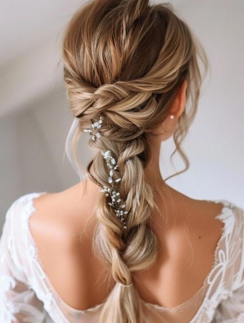 Top Wedding Hairstyles for Long Hair 2024: Elegant Updos, Romantic Waves, and Braids Wedding Plait Hair, Updos For Bridesmaids Long Hair, Wedding Plaits Hairstyles, Wedding Hair French Braid, Braid Styles Wedding, Wedding Boho Braid Hairstyles, Bridal Braided Updo, Elsa Inspired Hair, Veil With Braid