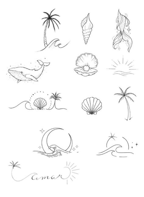 Summer Holiday Inspired Tattoos, Beach Tattoos Aesthetic, Sea Themed Tattoos Minimal, Simplistic Beach Tattoo, Tropical Inspired Tattoos, Dainty Vacation Tattoos, Water Sign Tattoo Ideas, Cute Holiday Tattoos, Simple Ocean Tattoos For Women