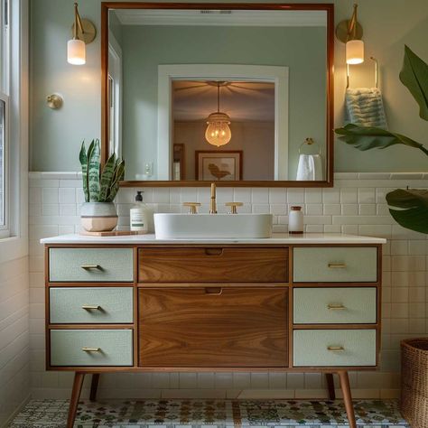 8+ Mid-Century Modern Bathroom Furniture Ideas for Retro Appeal • 333+ Art Images Mid Century Interior Bathroom, Mid Century Modern Bathroom Mirror, Small Bathroom Ideas Mid Century Modern, Mid Century Modern Bathrooms, Mcm Bathroom Vanity, Mid Century Modern Bathroom Design, Mid Century Modern Decor Ideas, Mid Century Modern Bathroom Small, Bathroom Mid Century Modern