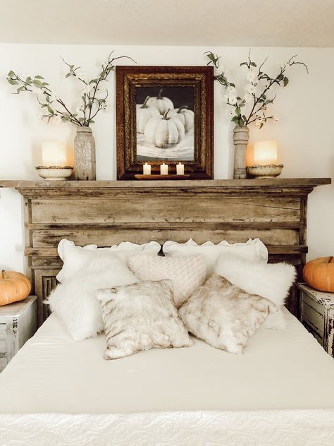 Antique Fireplace Mantel Turned Headboard - Deb and Danelle Old Fireplace Mantle Ideas, Fireplace Mantel Headboard, Ideas For Electric Fireplace, Antique Headboard Ideas, Fireplace Mantle Headboard, Fireplace Headboard, Mantle Headboard, Mantel Headboard, Antique Fireplace Mantel