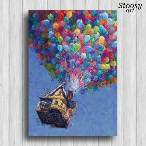 Up Balloon House Painting, Houses Painting Acrylic, Up Movie Painting Ideas, Up Movie Drawing House, Up Acrylic Painting Disney, Balloon House Drawing, Movie Inspired Paintings, Up Art Pixar, Movie Up Painting