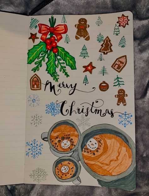 Winter Art Journal, Winter Sketchbook, Christmas Sketch Ideas Simple, Christmas Sketchbook Ideas, Winter Journal, Christmas Festival Drawing, Christmas Aesthetic Drawing, Winter Journal Ideas, Christmas Journal Ideas