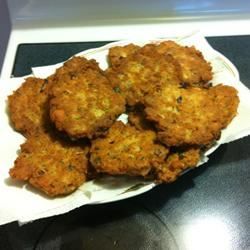 Caribbean-Style Fried Salmon Fritters Codfish Fritters Recipe, Salmon Fritters, Fresh Salmon Recipes, Jamaican Breakfast, Corn Fritter Recipes, Fried Salmon, Caribbean Style, Allrecipes Recipes, Gram Flour