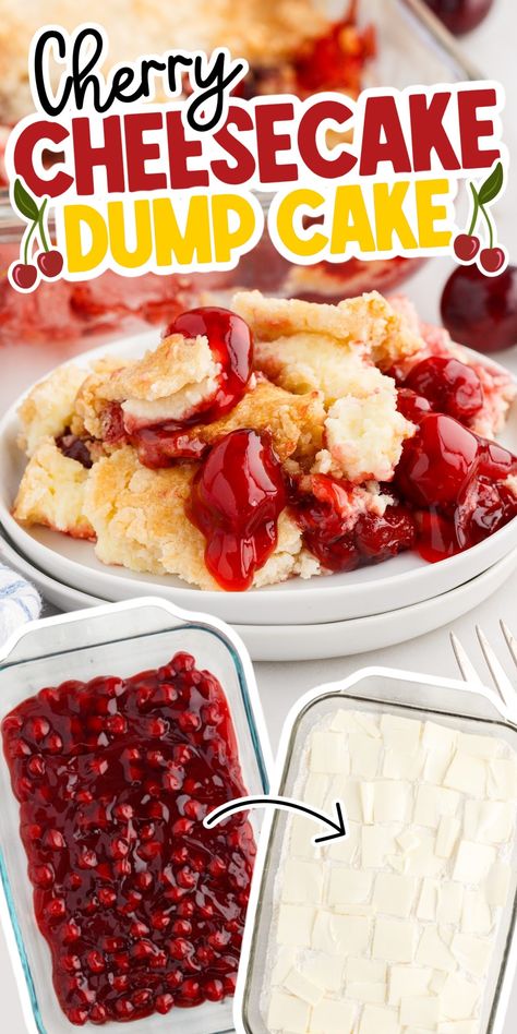 Cherry cheesecake dump cake is one of the easiest desserts you will ever make. All you'll need is 5 simple ingredients and it's ready in 1 hour. This delicious treat is packed with sweet cherry fruit filling, and a thick cheesecake layer. It's topped with a golden brown buttery cake mix. Pie, White Cake Dump Recipes, Christmas Dump Cake Recipes, Cherry Dump Cake Recipes 3 Ingredients, Easy Desert 3 Ingredients, Cherry Cheesecake Dump Cake, Easy Cherry Dump Cake, Cheesecake Dump Cake, Easy Cobbler