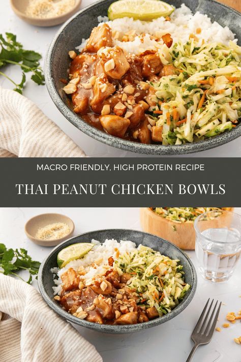 Thai Peanut Chicken Rice Bowl, Peanut Chicken Protein Bowl, Thai Chicken Peanut Bowl, Peanut Miso Chicken, Curry Peanut Chicken, Crockpot Thai Peanut Chicken, Thai Bowl Recipes, Thai Peanut Bowl, Peanut Curry Chicken