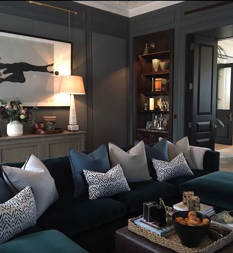 Grey Cinema Room, Elegant Living Room With Tv, Blue Cinema Room, All Blue Living Room, Dark Blue Sitting Room, Cosy Blue Living Room, Blue Velvet Sofa Living Room Ideas, Blue Media Room, Dark Blue Sofa Living Room