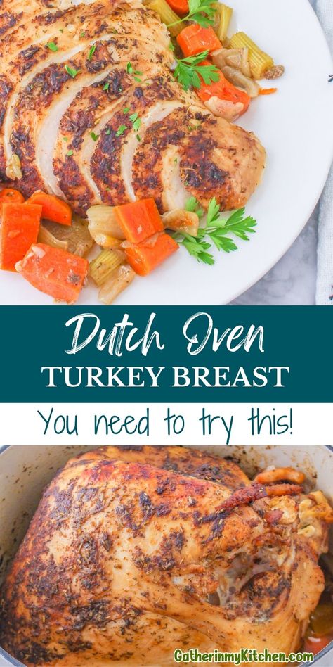 If you're planning a Thanksgiving dinner for two or a small family gathering, consider roasting a turkey breast in a Dutch oven. This cooking method creates a moist, flavorful turkey encrusted with a savory spice blend. With added vegetables and a robust gravy, this roast turkey breast recipe simplifies your holiday preparations while delivering a dish that's big on taste and tradition. Turkey Breast Dutch Oven, Roasted Turkey Breast Recipes, Simple Turkey Recipes, Boneless Turkey Breast Recipes, Dutch Oven Turkey Breast, Cooking A Turkey Breast, Dutch Oven Turkey, Roasted Turkey Recipes, Oven Turkey Recipes