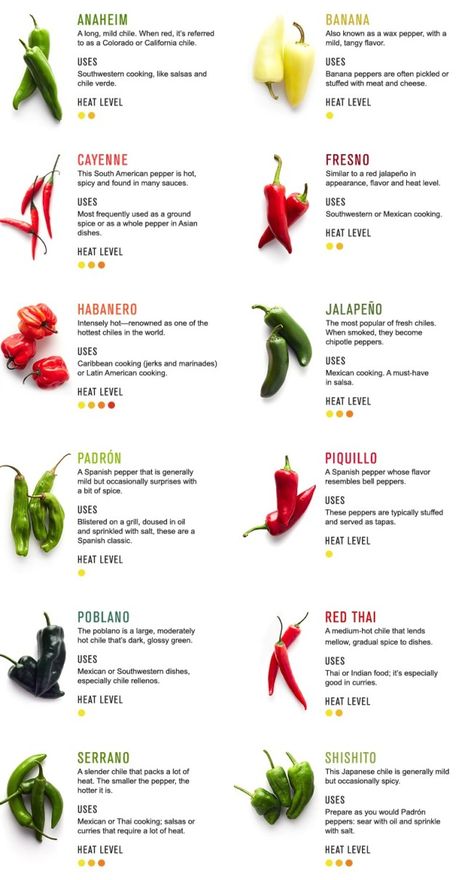 Williams-Sonoma Chile Guide Types Of Chili Peppers, Cooking 101, Food Charts, Food Info, Cooking Basics, Food Facts, Chili Pepper, Cheat Sheet, Baking Tips