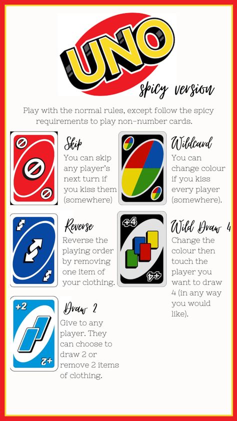 Spicy Games For Friends, Couples Uno Game, Drinking Board Games For Couples, How To Play Uno, Sleepover Ideas For Couples, Spicy Uno Rules, Strip Uno Rules, Spicy Sleepover Games, Spicy Games For Couples Diy