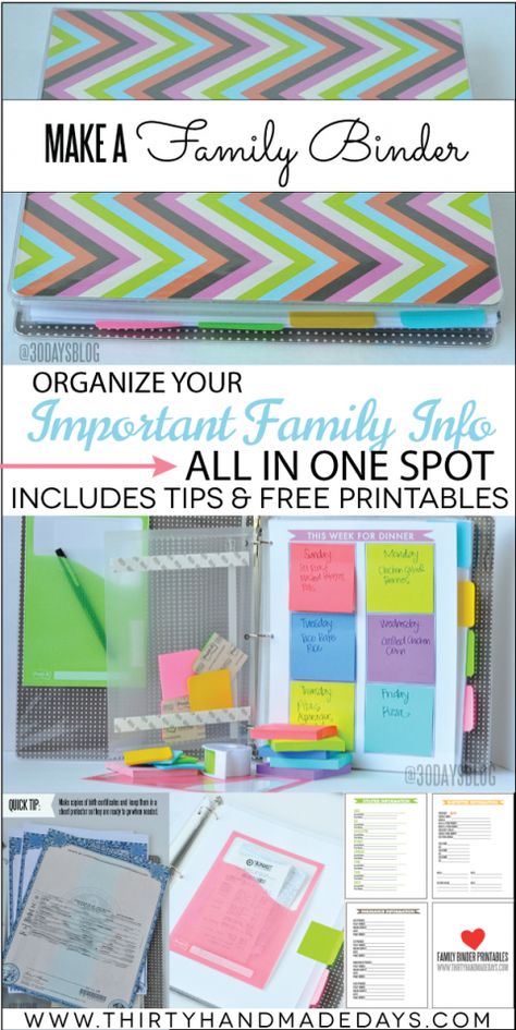 Make a family binder - with printables & tips from www.thirtyhandmadedays.com Family Binder, Household Binder, Home Binder, Home Management Binder, Organize My Life, Binder Organization, Family Organizer, Household Organization, Organized Life