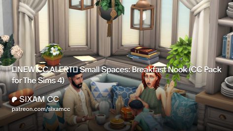 🚨NEW CC ALERT🚨 Small Spaces: Breakfast Nook (CC Pack for The Sims 4) | SIXAM CC Juice Jar, Banquette Dining, Fruit Centerpieces, Rectangle Dining Table, Colourful Cushions, Fruit Plate, Breakfast Nook, Round Dining, Bay Window