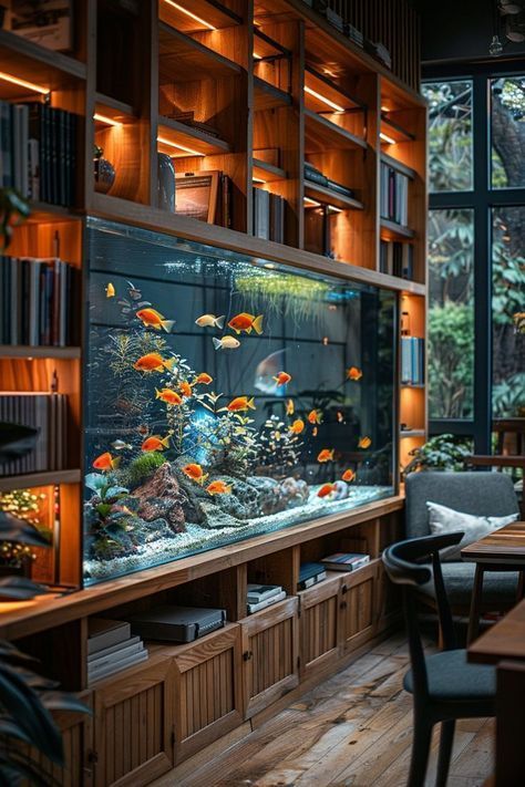 Modern Aquarium Designs to Elevate Your Living Room

Looking for **small studio apartment ideas**? Enhance your **home décor** with stylish aquarium setups that bring a **warm home aesthetic** and elevate your **living room decoration**. #ApartmentDecor #AquariumInspiration Library With Aquarium, Fish Tank Interior Design, Bookshelf Fish Tank, Unique Aquarium Decor, Office With Fish Tank, Home Fish Aquarium, Living Room Aquarium Ideas, Unique Library Design, Aquarium Fish Tank Living Rooms