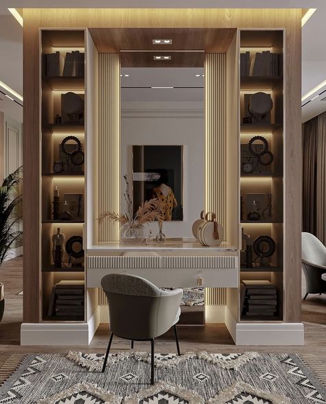 Makeup Unit Dressing Tables, Wardrobe Vanity Ideas, Dressing Table Between Two Wardrobes, Luxury Vanity Design Bedroom, Dresser Unit With Mirror Modern, Elegant Vanity Ideas Bedroom, Make Up Table Design, Modern Dressing Mirror Design, Dressing Table Ideas Modern Luxury