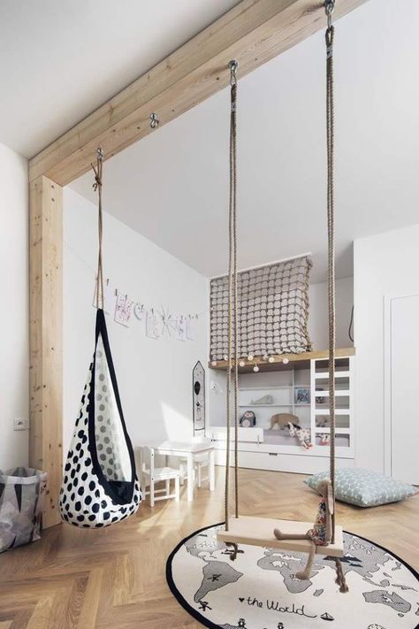 Home Indoor Playground Ideas - Petite Modern Life Modern Childrens Room, Indoor Swing, Playroom Furniture, Kids Room Design, Kids Playroom, Kid Spaces, Kids Rooms, Childrens Bedrooms, How To Make Bed