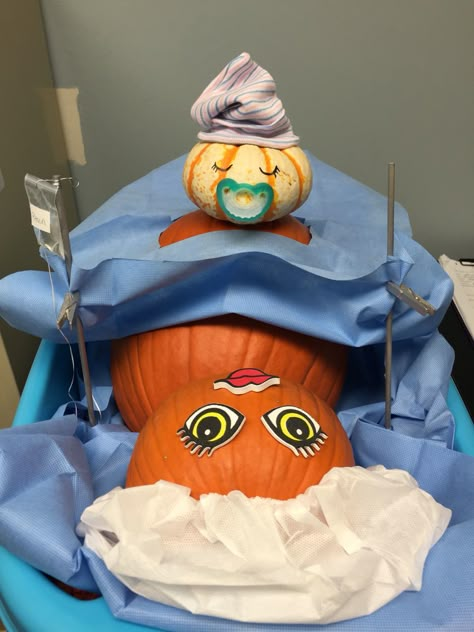 L&D c-section pumpkin we did for our hospital pumpkin decorating contest!! Nurse Themed Pumpkin Decorating, Ob Pumpkin Ideas, Healthcare Pumpkin Contest, Pumpkin Contest Ideas No Carve Hospital, Pumpkin Decorating Healthcare, Dermatology Pumpkin Decorating, Nurse Pumpkin Decorating Contest, Obgyn Pumpkin Decorating, Spa Pumpkin Decorating