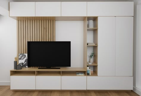 Neutral Mid Century Living Room, Bedroom Cupboard With Tv, Modern Wardrobe With Tv, Wardrobe With Tv Unit, Small Condo Decorating, Tv Unit Design Ideas, Tv Wall Living Room, Space Saving Furniture Bedroom, High Ceiling Living Room