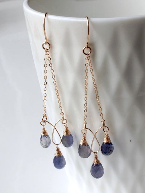 Iolite Gold Filled Chandelier Earrings Wire Wrapped Violet - Etsy | Wire Wrapped Gemstone Gemstone Statement Earrings, Earring Jewelry Ideas, Gemstone Dangle Earrings, Handmade Elegant Earrings, Wired Earrings Diy, Diy Dangle Earrings, Briolette Earrings, Boho Drop Earrings, Stone Bead Jewelry