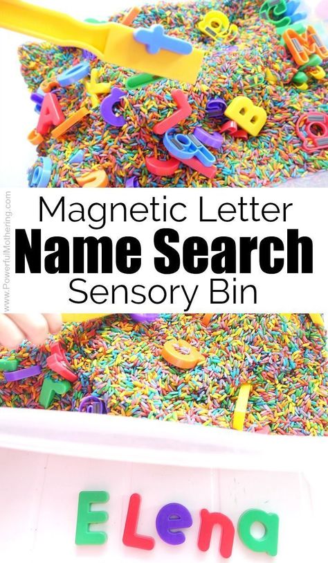 Magnetic Letter Name Search Sensory Bin #learningactivities #ABC #sensorybin About Me Activities For Toddlers, Kindergarten Sensory, Toddler Sensory Bins, Color Rice, Preschool Names, Sensory Tubs, Learn Letters, Sensory Tub, Sensory Rooms