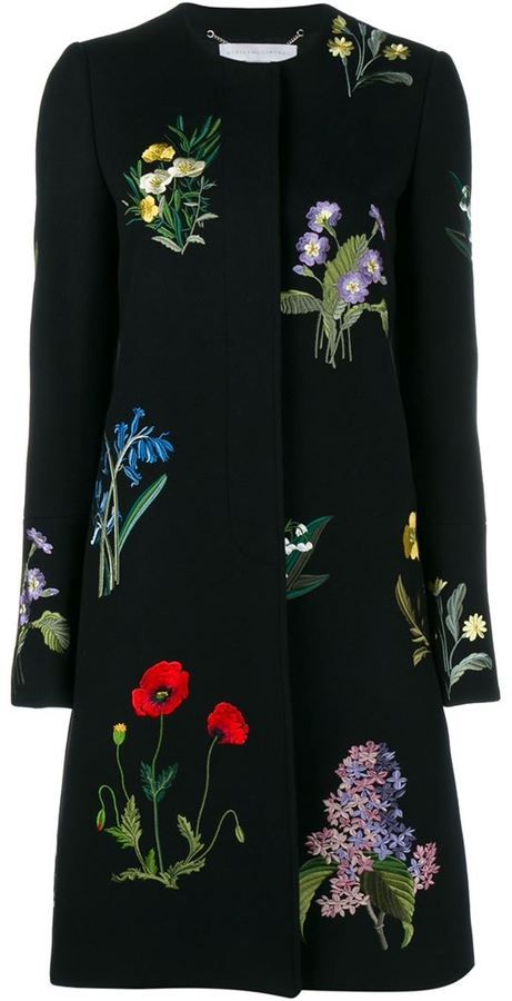 Stella McCartney Nadia Floral Coat Stella Mccartney Coat, Collarless Coat, Floral Coat, Coats Black, Embroidered Coat, Jackets Black, Mode Abaya, Long Sleeve Coat, Black Wool Coat