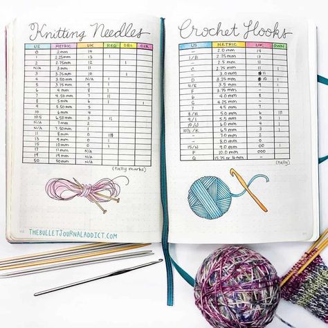 Keep track of your ever-growing collection of knitting needles and crochet hooks Bullet Journal Knitting, Bullet Journal Calendrier, Crochet Journal, Knitting Organization, Granny Square Projects, Bullet Journal Tracker, Craft Stash, Bullet Journal Spread, Journals & Planners